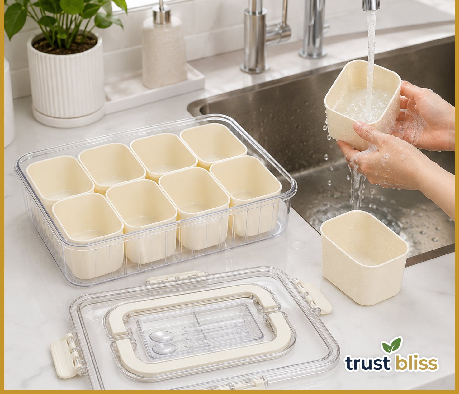 Snackle Box cups drying by a tidy kitchen sink