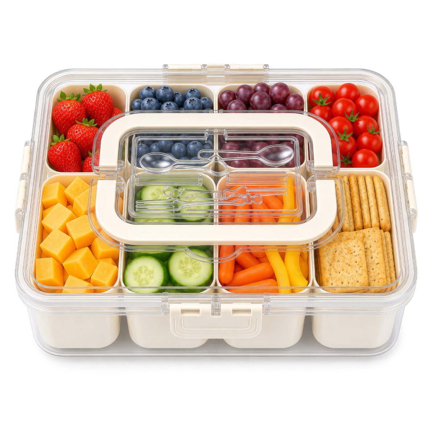 Trust Bliss Snackle Box two-pack with eight compartments filled with strawberries, blueberries, grapes, cheese, crackers and vegetables