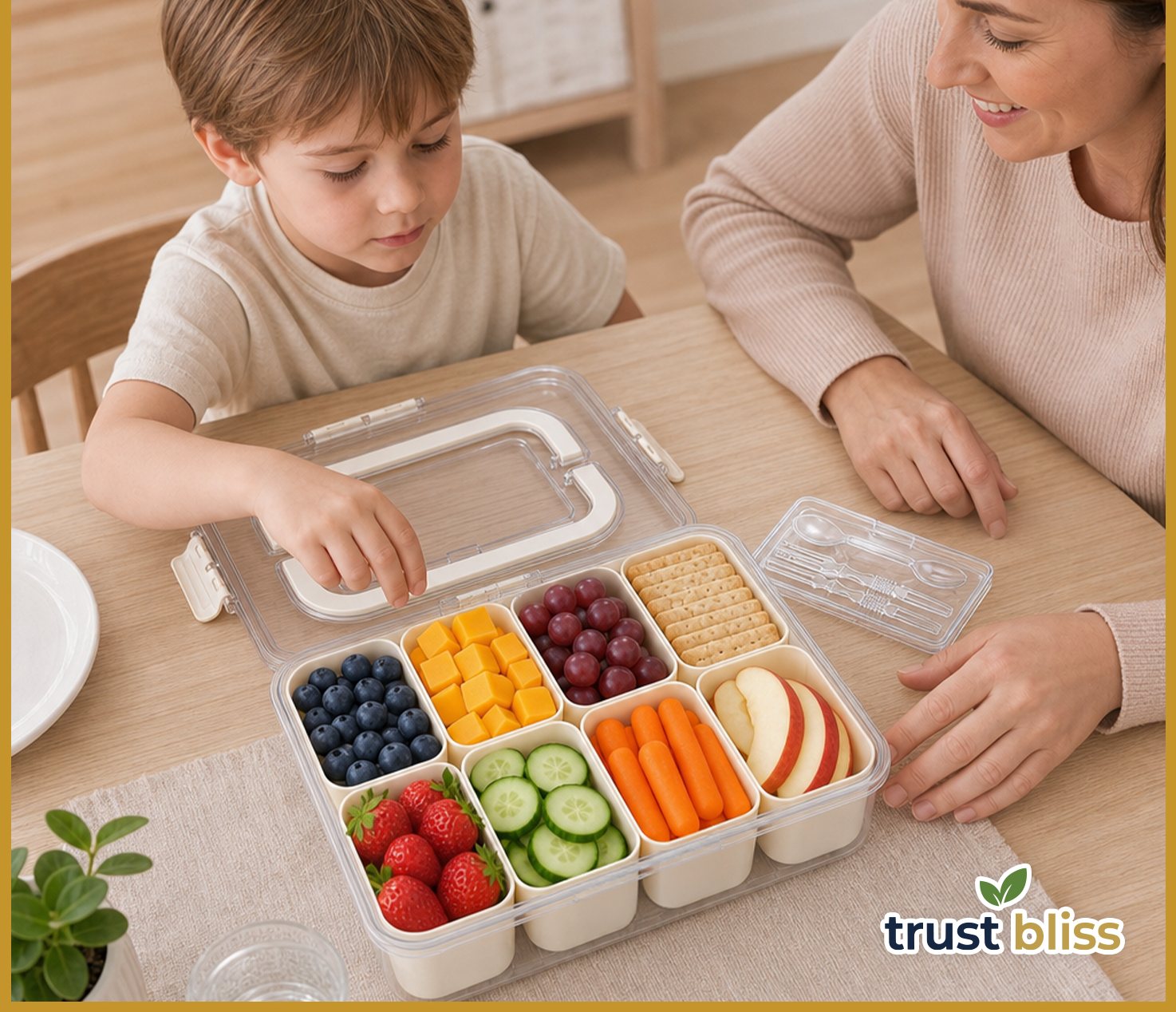 Trust Bliss Snackle Box filled with fresh fruit, vegetables and snacks on a bright kitchen counter