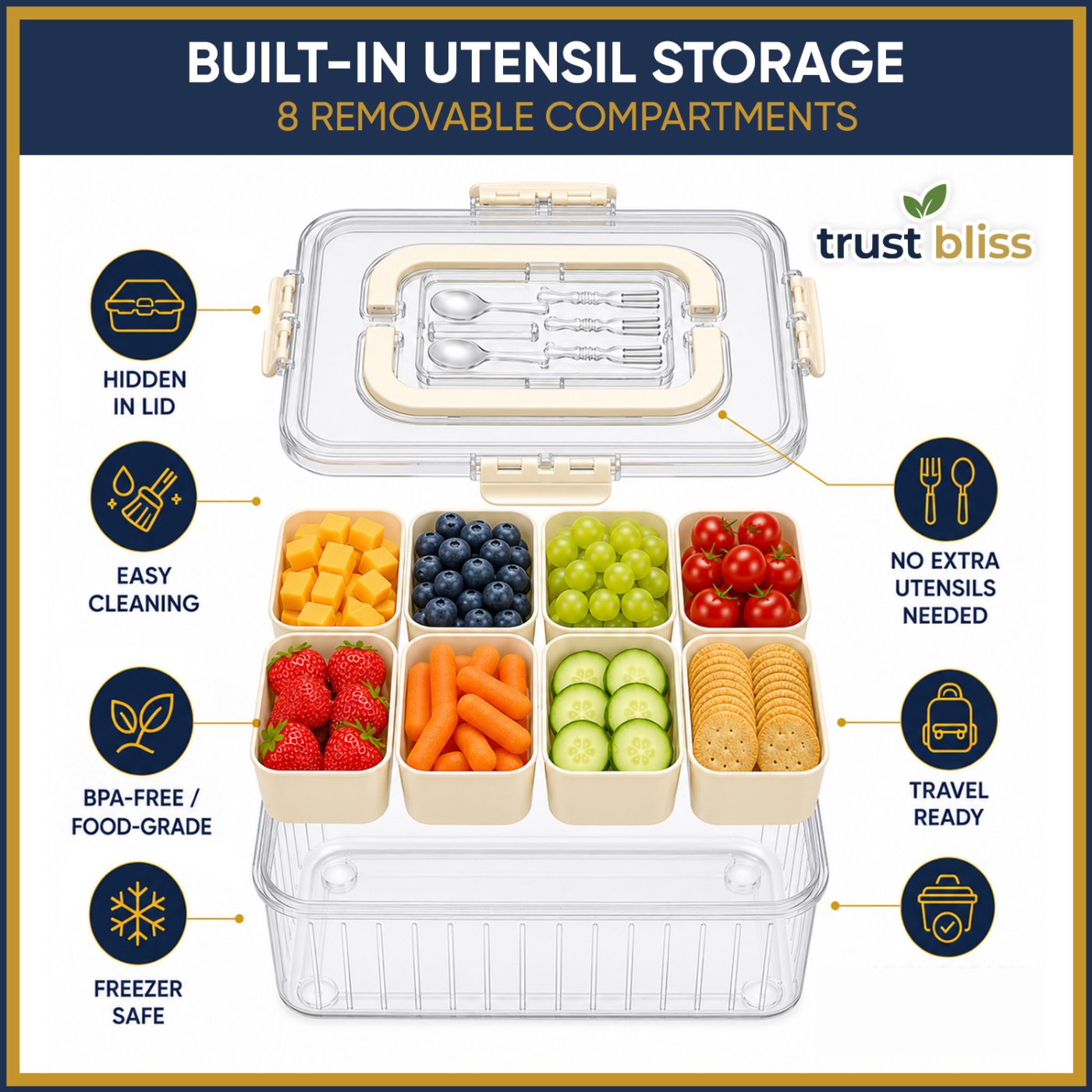 Snackle Box with built-in fork and spoon stored in the lid, ready for travel